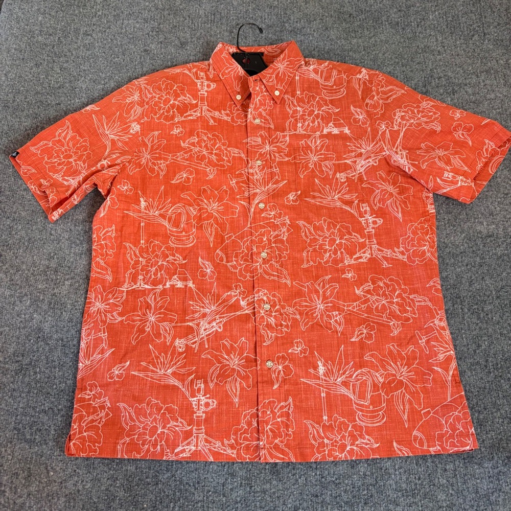 Reyn Spooner Anduril Button Front Men Large Grapefruit Orange Floral Tech Shirt